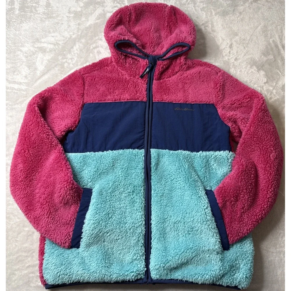Eddie Bauer Full Zip Hooded Fleece Sherpa Jacket Girls Large Pink Teal Pockets